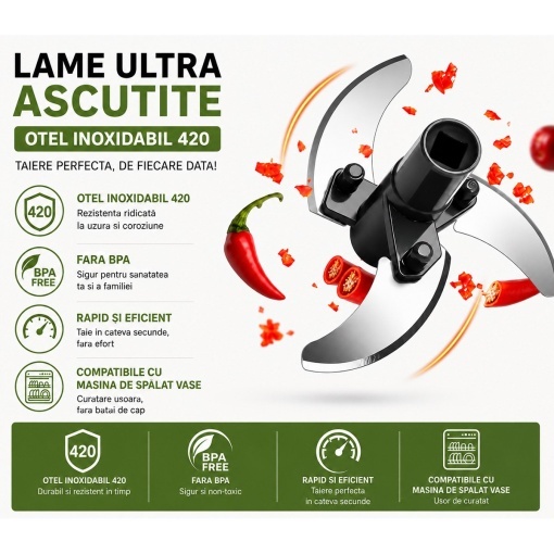 Tocator manual de legume cu sfoara, 3 lame inox, capacitate 500ml - Img 9