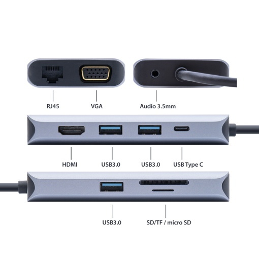 Adaptor multiport PNI MP10 USB-C la HDMI, VGA, 3 x USB 3.0, SD/TF, RJ45, audio 3.5, USB-C PD, 10 iesiri - Img 7