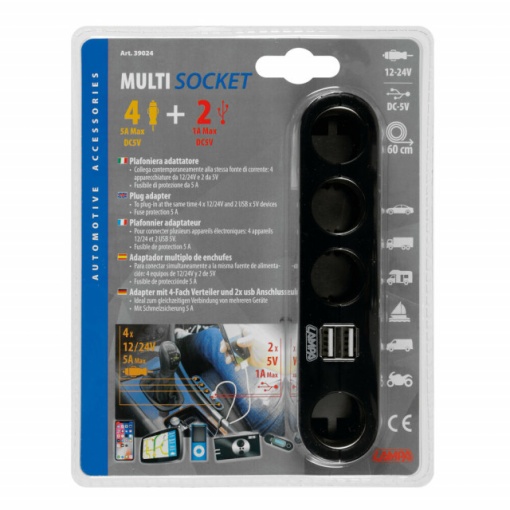 Adaptor priza multipla 4 + 2, priza cvadrupla 12 / 24V + USB - Img 2