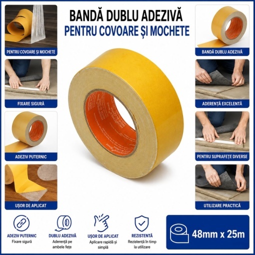 Banda dublu adeziva textila 48mm x 25m pentru mochete si covoare HighPower - Img 4