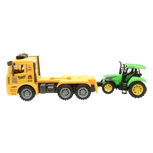 Camion galben cu detalii autentice de tip trailer pe baterii impreuna cu tractor verde de jucarie - Img 11