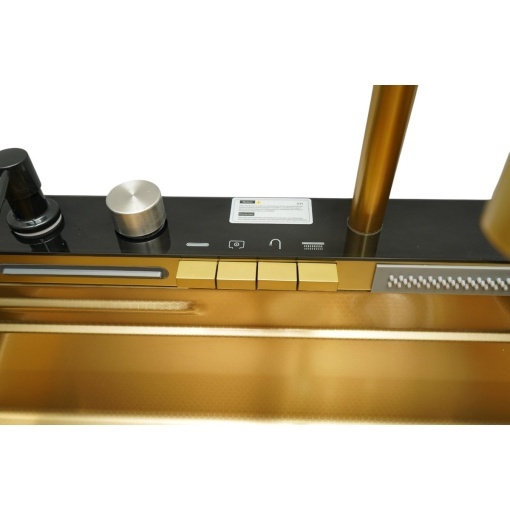 Chiuveta bucatarie multifunctionala din otel inoxidabil auriu PVD cu doua baterii, afisaj digital temperatura, doua cascade, dozator detergent, spalator pahare, scurgator, tava, tocator si accesorii incluse 75x46x22cm - Img 11