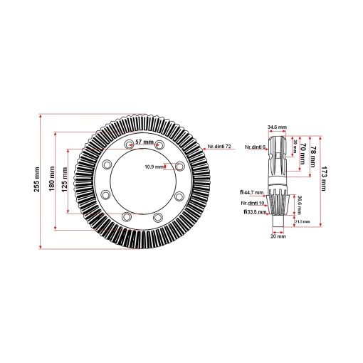 Grup conic Comer Z72/Z10 M3.55 pentru grebla Maschio Gaspardo Golia Seria: 250-300/330/380/410 coroana 0.792.6000.00 pinion 0.792.5000.00 - Img 6