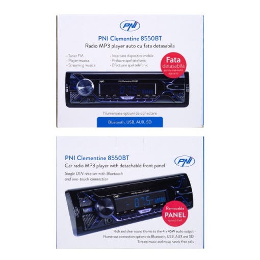 Radio MP3 player auto PNI Clementine 8550BT, fata detasabila, 4x45w, 12V, 1 DIN, cu SD, USB, AUX, RCA - Img 4