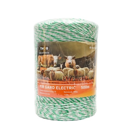 Rola fir alb-verde fi 2.5mm insertie metalica 4x0.2mm SS, rezistenta 7 Ohm/m, 500m gard electric THOR - Img 2