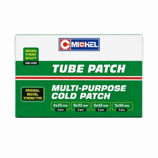 Set 20 petice vulcanizare rotunde 25mm, 32mm, 42mm, 50mm + 1 tub adeziv 20ml pentru camere de aer Michel - Img 2