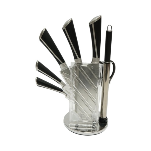 Set cutite bucatarie 8 piese cu suport rotativ acrilic, foarfeca si pila ascutit, lama otel 3Cr13, maner otel 18/0 negru Breckner Germany - Img 4