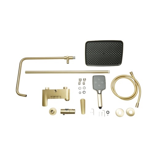 Set dus Premium multifunctional de perete din cupru, 3 functii curgere apa, dus dreptunghiular tip ploaie, para de dus, auriu mat - Img 2