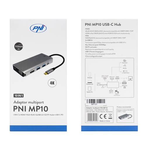 Adaptor multiport PNI MP10 USB-C la HDMI, VGA, 3 x USB 3.0, SD/TF, RJ45, audio 3.5, USB-C PD, 10 iesiri - Img 4