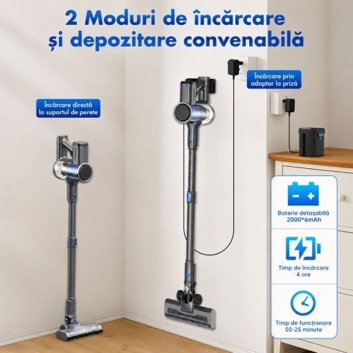 Aspirator vertical fara fir 200W, putere aspirare 30 kPa, baterie 2000mAh, recipient praf 600ml, 3 moduri de aspirare, ecran tactil LED, motor brushless, perie iluminata LED - Img 14