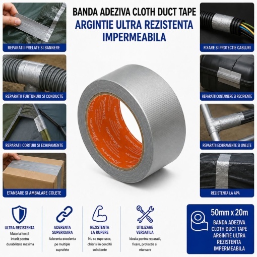 Banda adeziva textila Duct Tape argintie 50mm x 20m pentru reparatii HighPower - Img 4