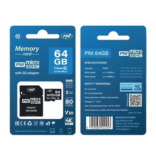 Card de memorie MicroSD PNI 64GB cu adaptor SD Clasa 10, 80 Mb/s, V30 - Img 5
