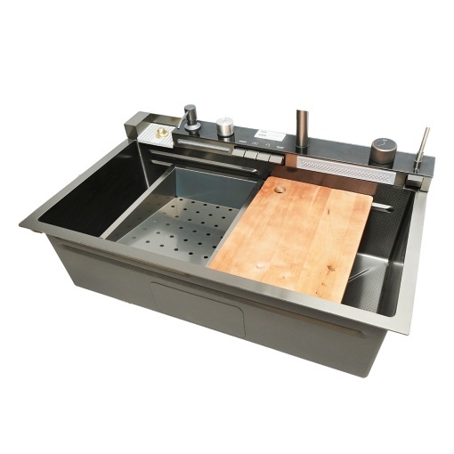 Chiuveta bucatarie multifunctionala din otel inoxidabil cu 2 cascade, afisaj digital temperatura, functie cascada, dozator sapun, spalator pahare, scurgator, tava, tocator si accesorii scurgere incluse, dimensiune 75x46x23.5cm - Img 6