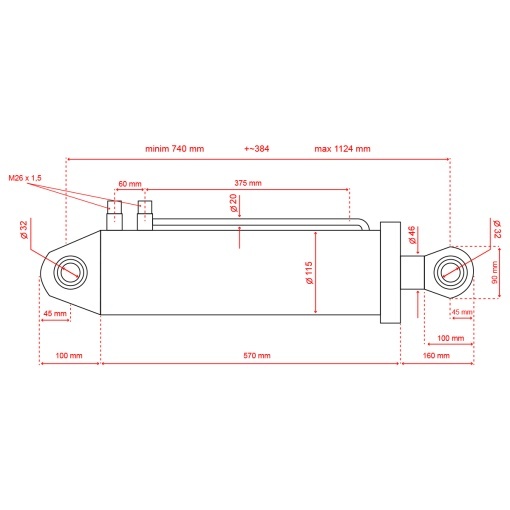 Cilindru hidraulic spate pentru lama si sapa 90x115x46x740x570x384mm Tractor Forestier - Img 7