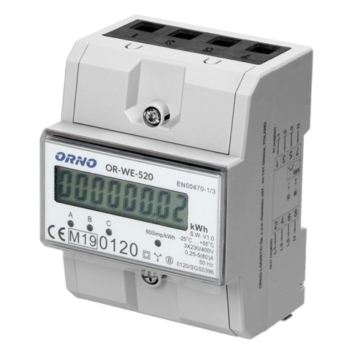 Contor trifazic ORNO OR-WE-520, 80A, certificare MID, 3 faze, 230V, clasa de masurare B, frecventa de impuls 800 imp/kWh, IP51, gri - Img 3
