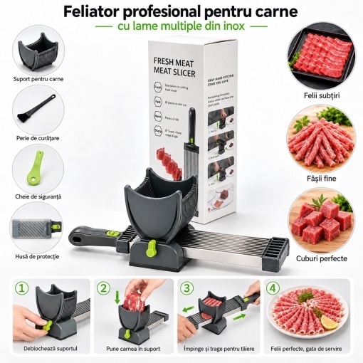 Feliator manual carne proaspata, 17 lame inox, grosime taiere 2/4mm pentru felii, fasii si cuburi Breckner Germany - Img 2