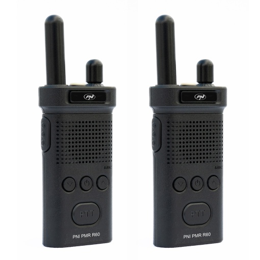 Kit 2 statii radio portabile PNI PMR R60 446MHz, 0.5W, 16 canale programabile, 16 PMR si tonuri 50 CTCSS si 104 DCS, Scan, blocare taste, SOS, Monitor, acumulator 1200mAh