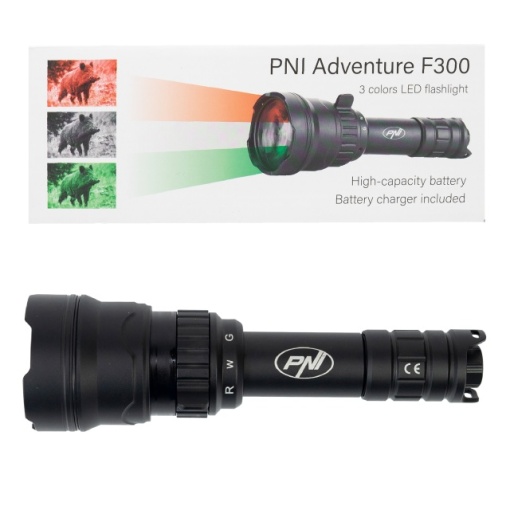 Lanterna PNI Adventure F300 cu LED in 3 culori, alb, rosu, verde, IP68 waterproof, distanta 500 m, flux luminos 540 lm, acumulator 18650 3000mAh inclus, incarcator pentru acumulator inclus, functie zo - Img 5