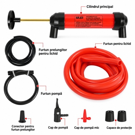 Pompa manuala multifunctionala 3 in 1 de aer si transfer lichide, ulei, combustibil cu furtunuri si accesorii - Img 5