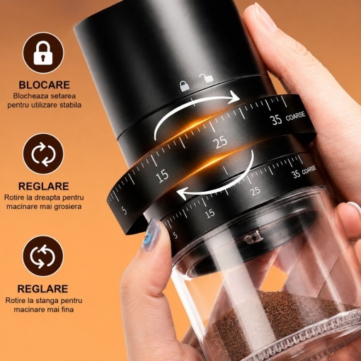 Rasnita electrica de cafea portabila cu acumulator 2000mAh, 30W, reglaj macinare 38 trepte, capacitate 25g/120ml, reincarcabila USB Type-C - Img 5