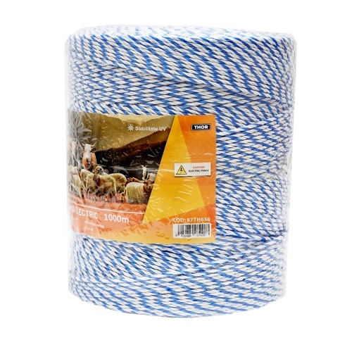 Rola fir alb-albastru fi 3mm insertie metalica 3x0.2mm SS, rezistenta 7.8 Ohm/m, 1000m gard electric Thor - Img 2