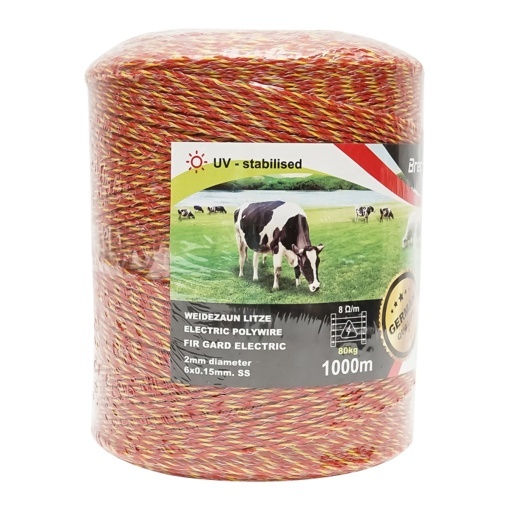 Rola fir galben-rosu fi 2mm, 6x0.15mm SS inox, 5.5 Ohm/m 1000m gard electric Breckner Germany - Img 3