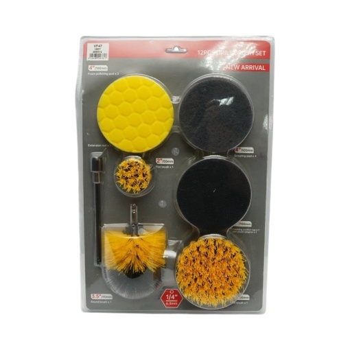 Set perii rotative pentru curatare si polisare cu bormasina 50mm, 90mm, 100mm, bureti polisare, pad-uri abrazive, suport Velcro, prelungitor, prindere 1/4 inch, 12 piese Breckner Germany - Img 2
