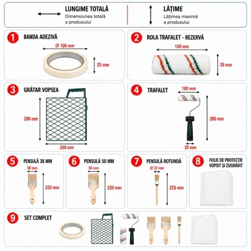 Set vopsit si zugravit cu trafalet 10cm, 2 role, 3 pensule, gratar, banda mascare, folie protectie 9 piese Breckner Germany - Img 3