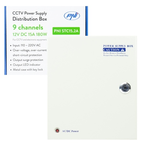 Sursa alimentare CCTV PNI STC15.2A in cutie metalica, 12V 15A 180W, 9 iesiri - Img 3