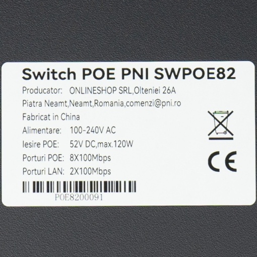 Switch POE PNI SWPOE82, 8 porturi POE 100 Mbps si 2 porturi UP Link 100 Mbps, 120W, functie AI Extend pana la 250m, protectie fulger 4kV - Img 8