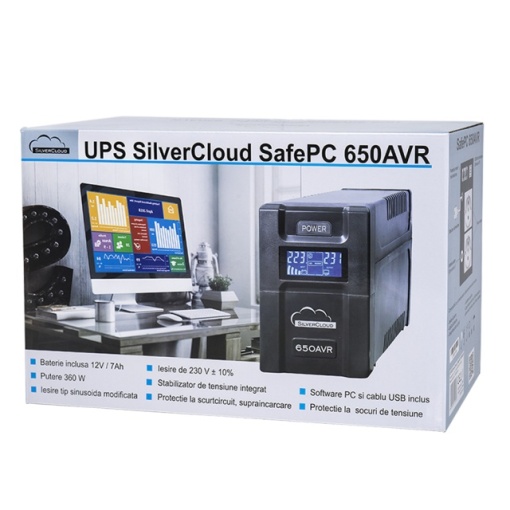UPS SilverCloud SafePC 650AVR putere 360W ecran LCD software monitorizare PC - Img 6