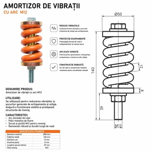 Amortizor de vibratii cu arc M12x140mm - Img 3