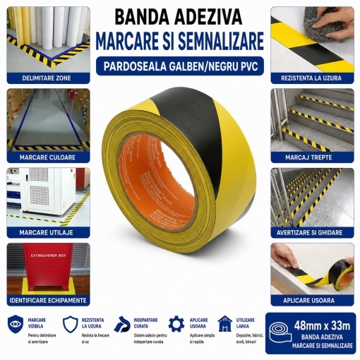 Banda adeziva de avertizare si marcare podea PVC galben-negru 48mm x 33m HighPower - Img 4