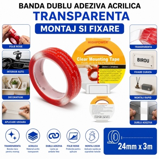 Banda dublu adeziva acrilica transparenta 24mm x 3m HighPower - Img 4