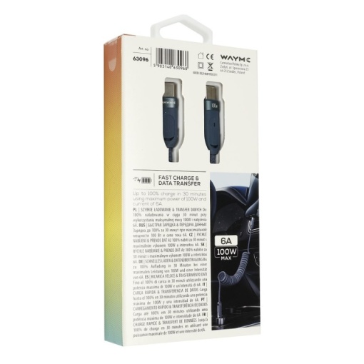 Cablu de încărcare și sincronizare WAYME din microfibră împletită, spiralat, 50 - 180 cm, USB-C > USB-C, Max 100W, Albastru - Img 4