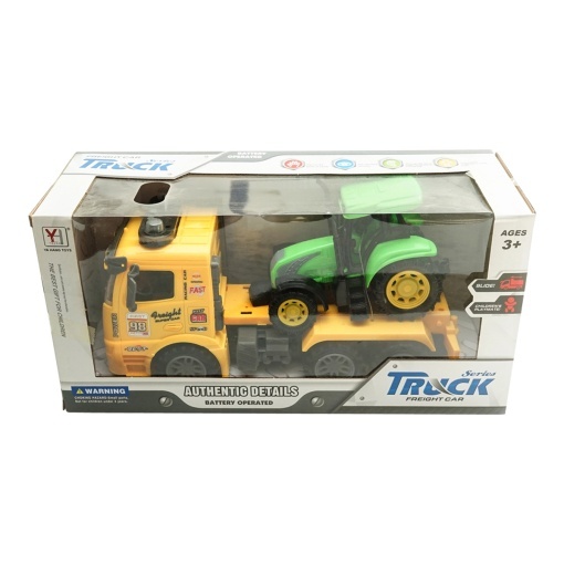 Camion galben cu detalii autentice de tip trailer pe baterii impreuna cu tractor verde de jucarie - Img 5