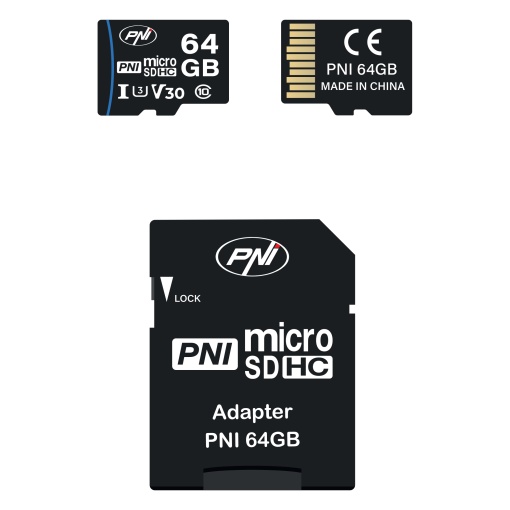 Card de memorie MicroSD PNI 64GB cu adaptor SD Clasa 10, 80 Mb/s, V30 - Img 2
