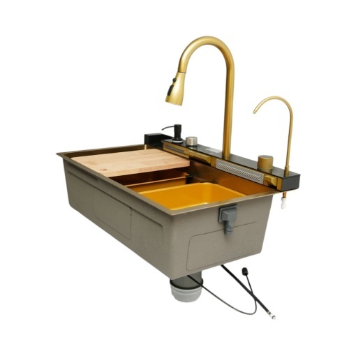 Chiuveta bucatarie multifunctionala din otel inoxidabil auriu PVD cu doua baterii, afisaj digital temperatura, doua cascade, dozator detergent, spalator pahare, scurgator, tava, tocator si accesorii incluse 75x46x22cm - Img 5