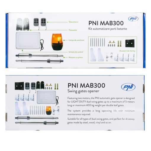 Kit automatizare porti batante PNI MAB300, cu 2 motoare 40W, telecomenzi si panou de control, fotocelule si lampa, lungime poarta 2 x 2.5m max, greutate poarta 200Kg - Img 5