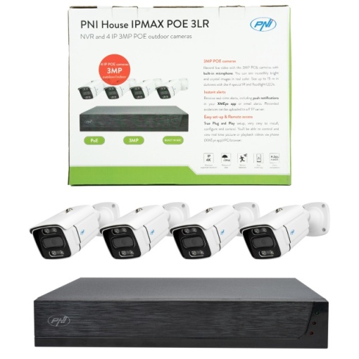 Pachet Kit supraveghere video PNI House IPMAX POE 3LR, NVR cu 4 porturi POE, ONVIF si 4 camere cu IP 3MP, de exterior, Power over Ethernet, detectie chip, detectie miscare, 4 cabluri, alimentator, mou - Img 2