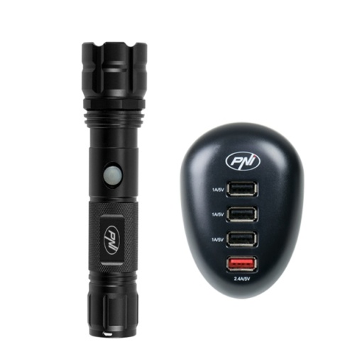 Pachet lanterna PNI Adventure F10 6W, 500lm, raza pana la 200m, focus si incarcator USB PNI HC41, 4 porturi USB - Img 3