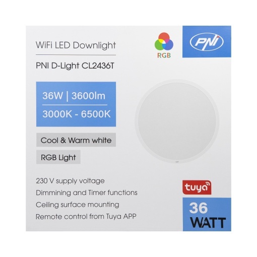 Plafoniera LED PNI D-Light CL2436T Wi-Fi, RGBW, 36W, dimabila, rotunda 41 cm, 3000K-6500K, alimentare 230V, 3600 lm, alb, control din Tuya app - Img 9