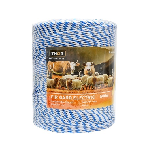 Rola fir alb-albastru fi 3mm insertie metalica 3x0.2mm SS, rezistenta 7.8 Ohm/m, 500m gard electric Thor - Img 2