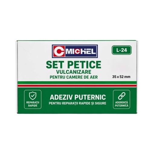Set 24 petice vulcanizare ovale 35x52mm + 1 tub adeziv 20ml pentru camere de aer L-24 Michel - Img 2