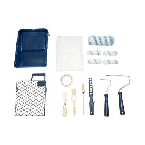 Set vopsit si zugravit cu trafaleti poliester 10cm, 18cm, 2 pensule, spaclu, mixer, tavita vopsea, gratar, folie protectie, banda mascare 15 piese Breckner Germany - Img 2