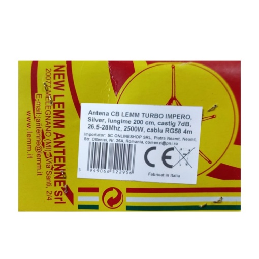 Antena CB LEMM TURBO IMPERO, Silver, lungime 200 cm, castig 7dB, 26.5-28Mhz, 2500W, cablu RG58 4m, fabricata in Italia - Img 6