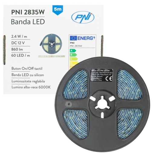 Banda LED PNI 2835W, 300 LED-uri, alb rece 6000K, 860lm, dimabil, buton touch, alimentator 230V, silicon, 5 metri, IP65 - Img 2
