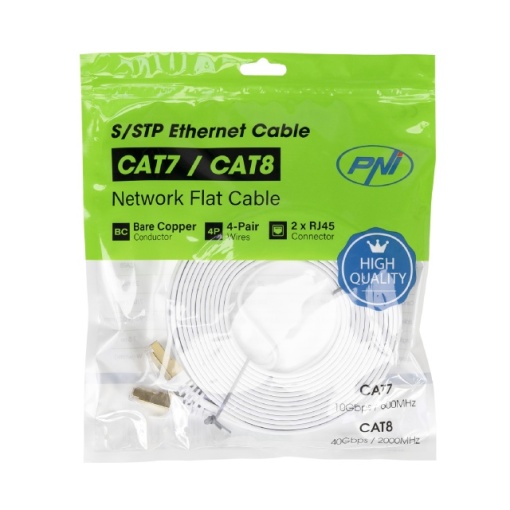 Cablu de retea plat S/STP CAT7 PNI U7075W, 2 x RJ45, 4 perechi de fire, 32AWG, cupru, 10 Gbps, 600 MHz, 7.5m, alb - Img 3