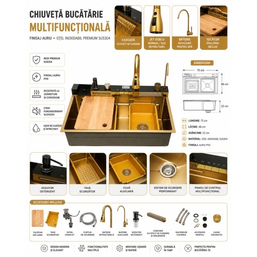 Chiuveta bucatarie multifunctionala din otel inoxidabil auriu PVD cu doua baterii, afisaj digital temperatura, doua cascade, dozator detergent, spalator pahare, scurgator, tava, tocator si accesorii incluse 75x46x22cm - Img 2