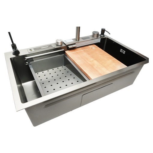 Chiuveta bucatarie multifunctionala din otel inoxidabil cu doua baterii, afisaj digital temperatura, functie cascada, dozator sapun, scurgator, tava, tocator si accesorii scurgere incluse, dimensiune 75x46x23.5cm - Img 7